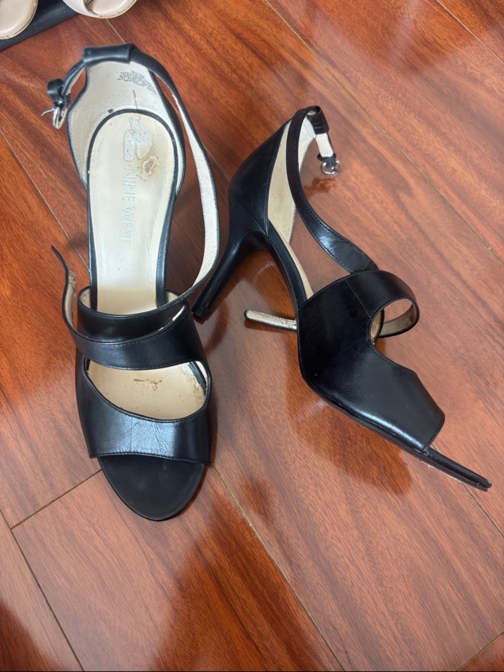 Nine West Black Leather Open-Toe Slingback Heels with Ankle Strap